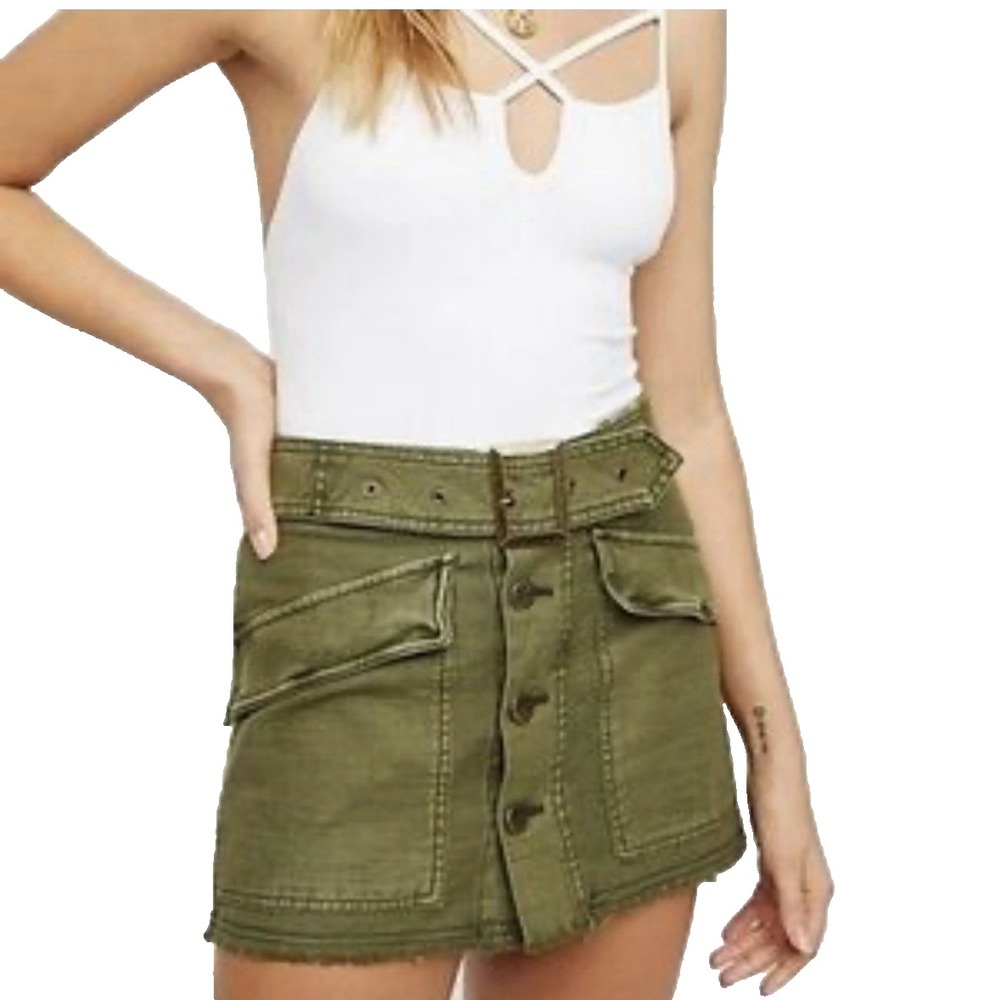 NWT Free People Skirt Utility Army Green Belted Distressed Frayed Cargo Womens 8 - Picture 10 of 10